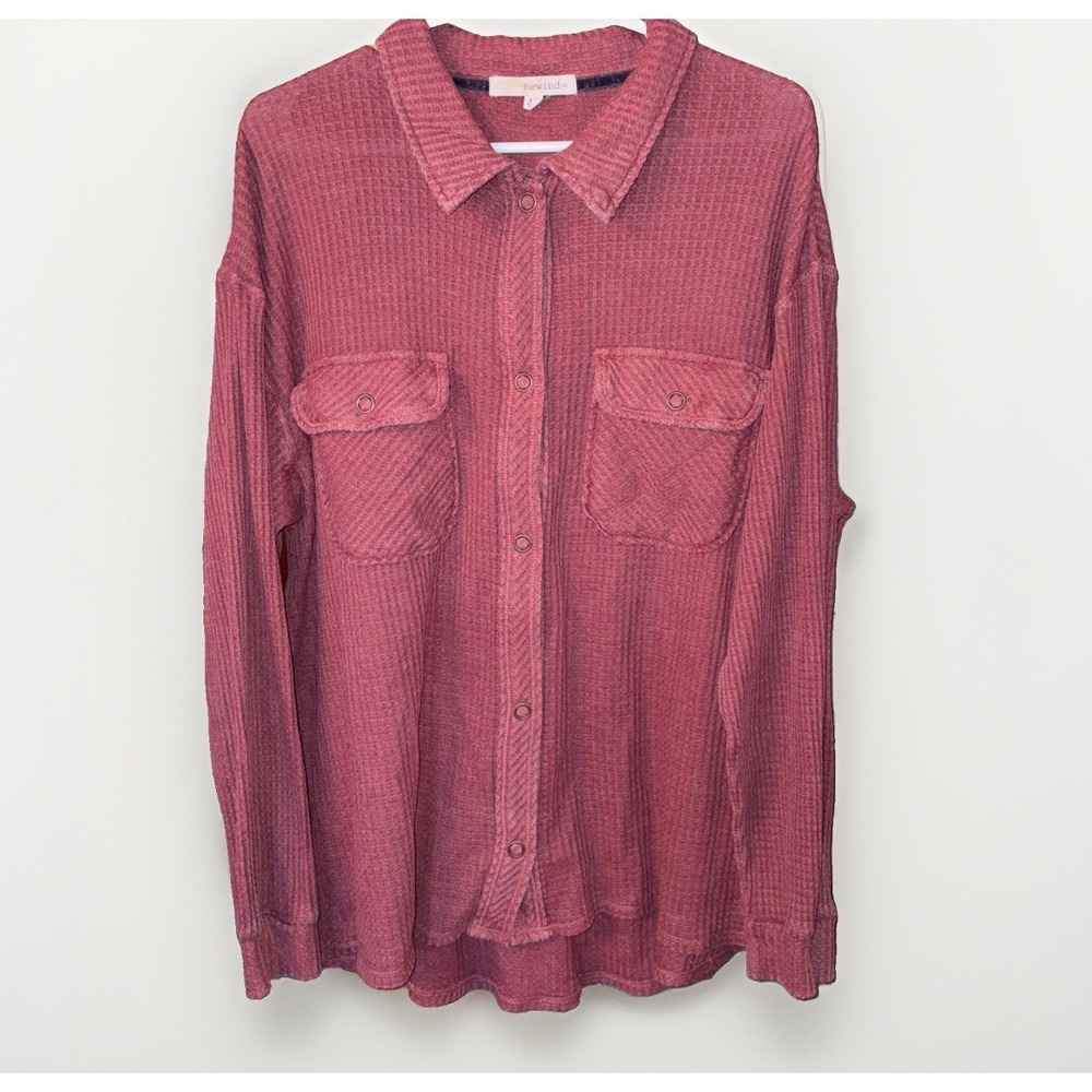 Women's Waffle Knit Brick Red Button Down Cozy Cabincore Boho Layering Shirt XL